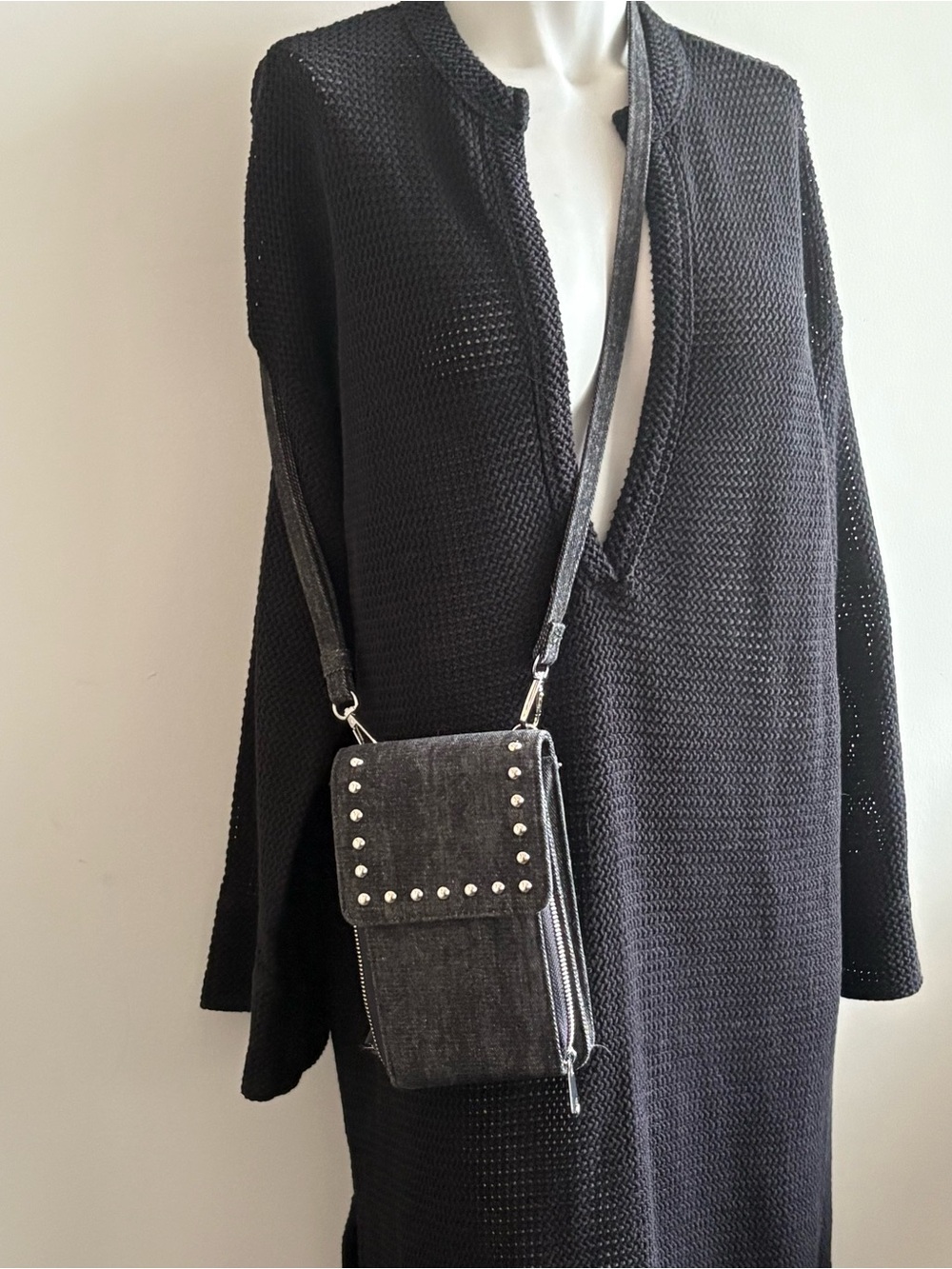Studded Black Denim  Crossbody Phone Bag - Women